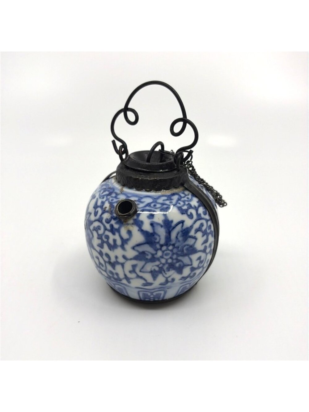 Antique Chinese Blue White Porcelain Opium Water Pot Style Vessel w/Metal Handle